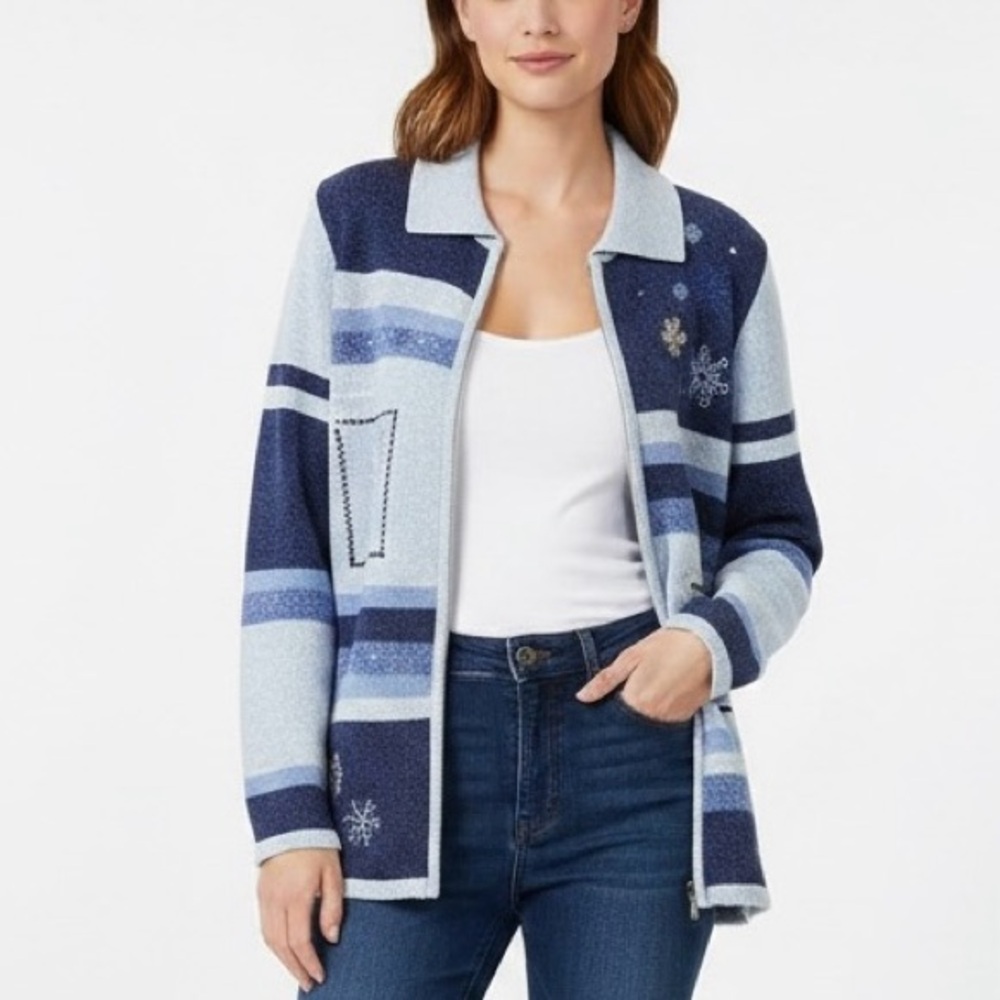 Carroll Reed Classics Full Zip Dog Snowflake Colorblock Sweater Womens Size XL